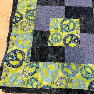 Green & Blue Tie Dye Fabric Quilt with Peace Signs